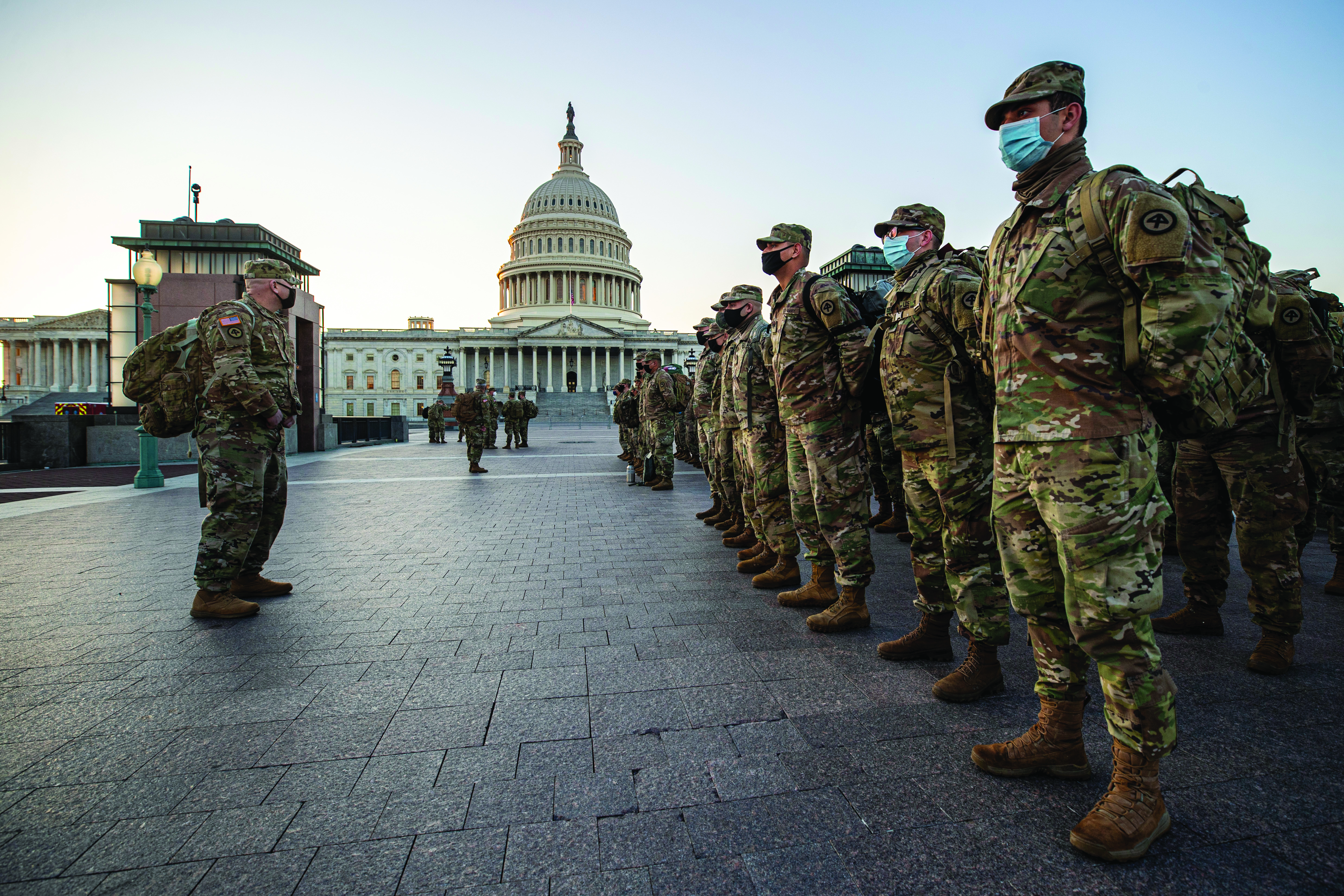 New Jersey National Guard Soldiers and Airmen
        arrive near the U.S. Capitol to set up security
        positions in Washington, D.C., on 12 January 2021.
        National Guard Soldiers and Airmen from several
        states traveled to Washington to provide support to
        federal and district authorities leading up to the 59th
        Presidential Inauguration. (Credit: Master Sergeant
        Matt Hecht)